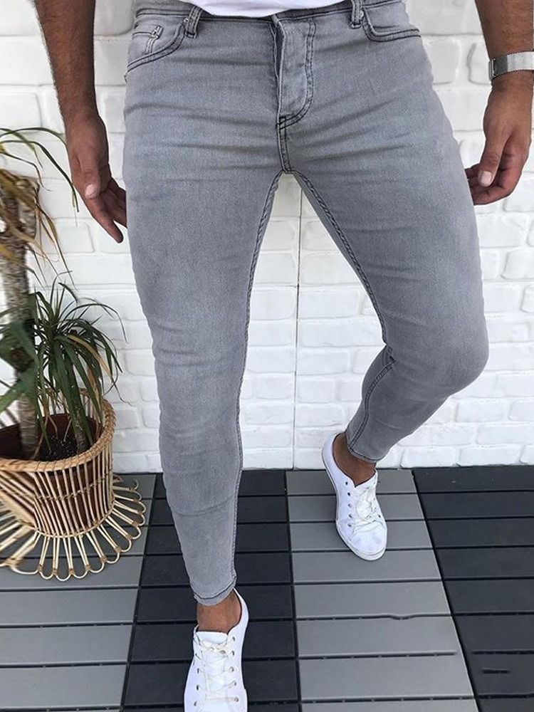 Calça Jeans De Cintura Baixa Masculina Com Zíper Liso