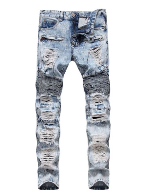 Calça Jeans Com Zíper De Cintura Média Estampado Reto Masculino