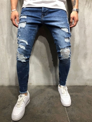 Calça Jeans Com Zíper Masculino Na Cintura Do Bloco De Cor Do Buraco