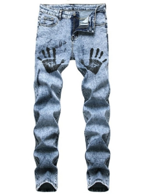 Calça Jeans Europeia Com Zíper Reto Com Estampa Masculina