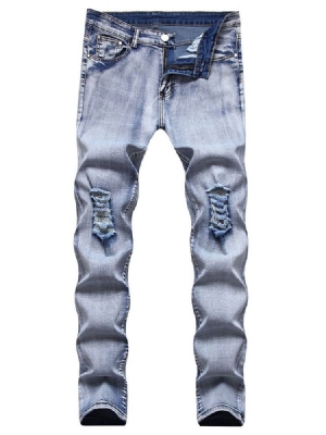 Calça Jeans Europeu Masculino Hole Plain Straight Zipper
