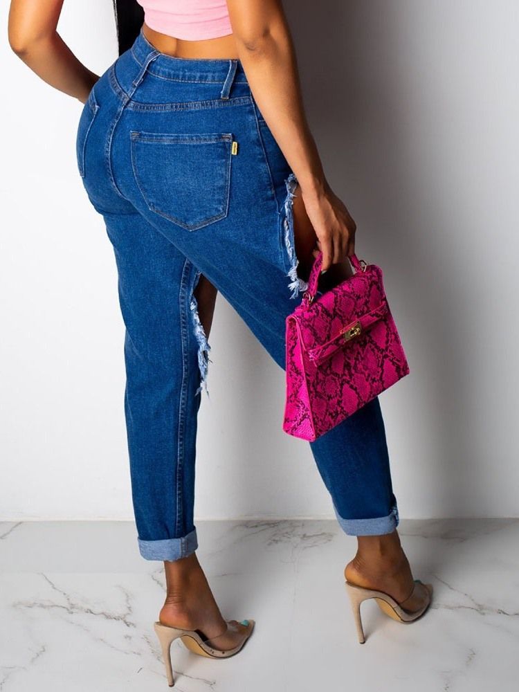 Calça Jeans Feminina De Bolso Liso Sexy Com Zíper Rasgado