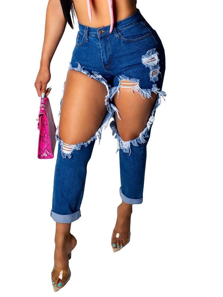 Calça Jeans Feminina De Bolso Liso Sexy Com Zíper Rasgado