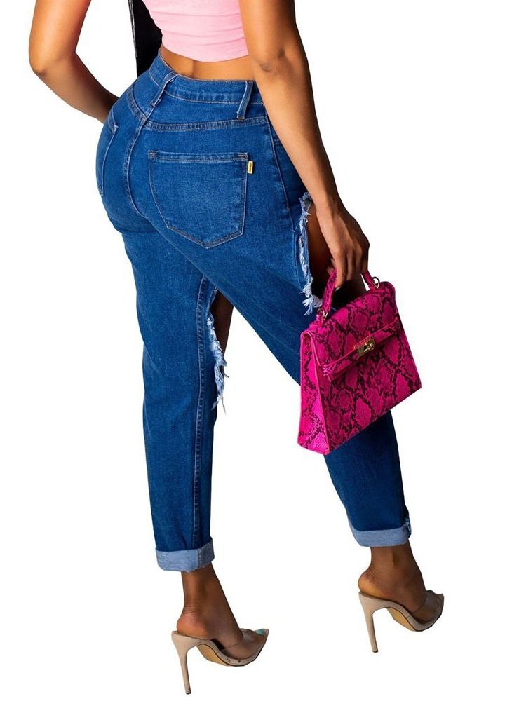 Calça Jeans Feminina De Bolso Liso Sexy Com Zíper Rasgado