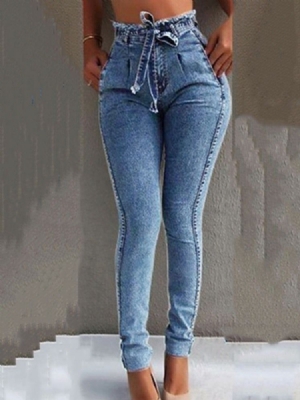 Calça Jeans Feminina De Cintura Alta Lisa Com Laço Bowknot