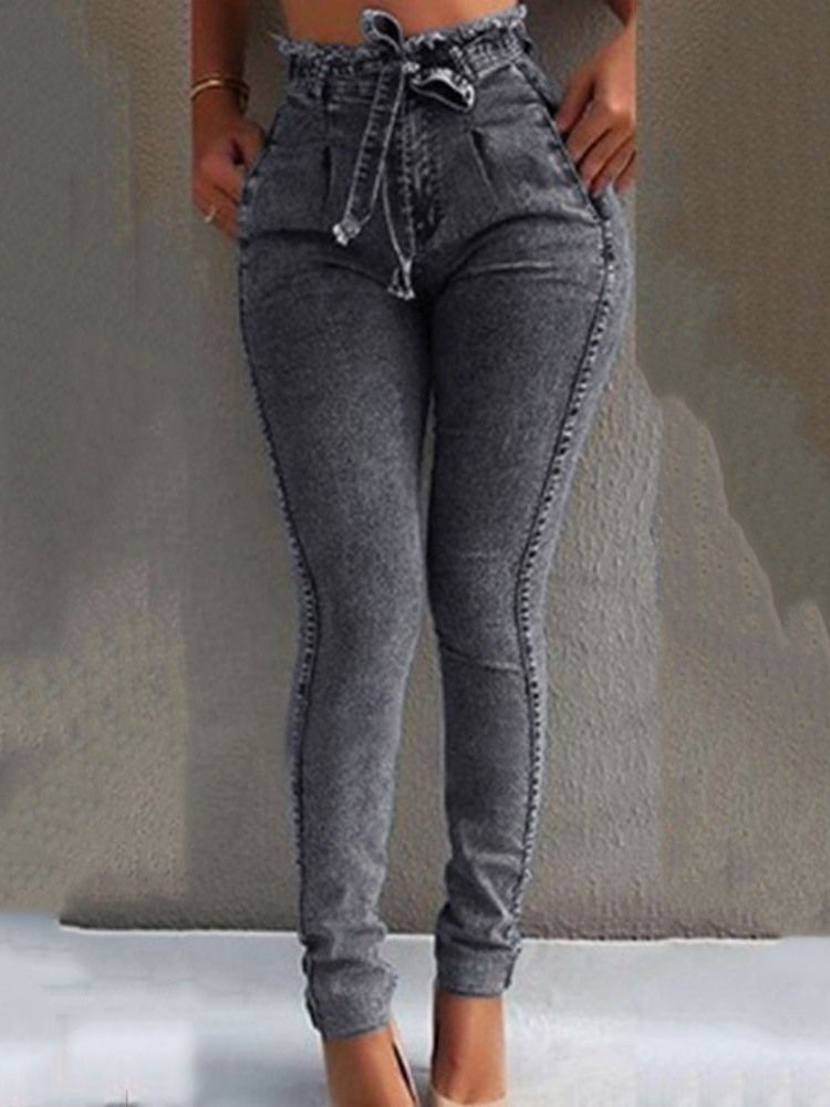Calça Jeans Feminina De Cintura Alta Lisa Com Laço Bowknot