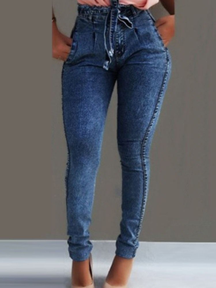 Calça Jeans Feminina De Cintura Alta Lisa Com Laço Bowknot