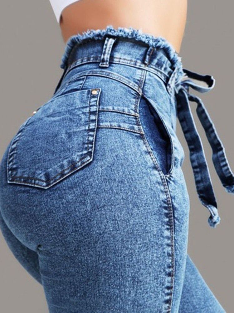 Calça Jeans Feminina De Cintura Alta Lisa Com Laço Bowknot