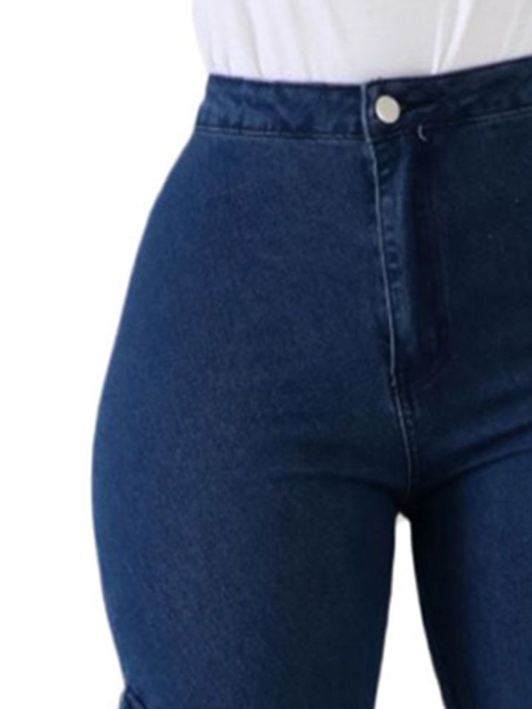 Calça Jeans Feminina Com Botão De Cintura Alta E Cintura Alta Justa