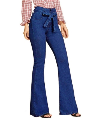 Calça Jeans Feminina Com Cadarço Bellbottoms Liso Zipper Slim