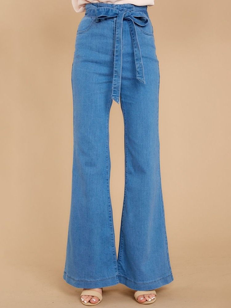 Calça Jeans Feminina Com Cadarço Bellbottoms Liso Zipper Slim