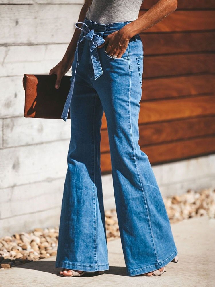 Calça Jeans Feminina Com Cadarço Bellbottoms Liso Zipper Slim