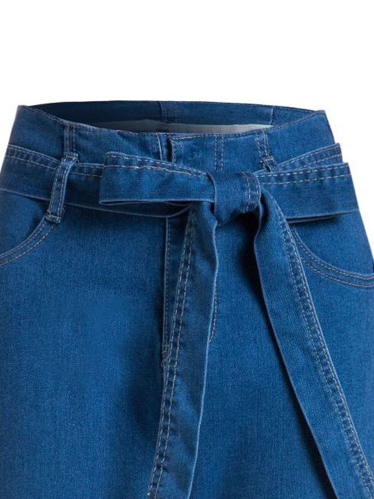 Calça Jeans Feminina Com Cadarço Bellbottoms Liso Zipper Slim