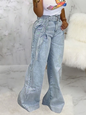Calça Jeans Feminina Com Pernas Largas E Soltas Cintura Alta