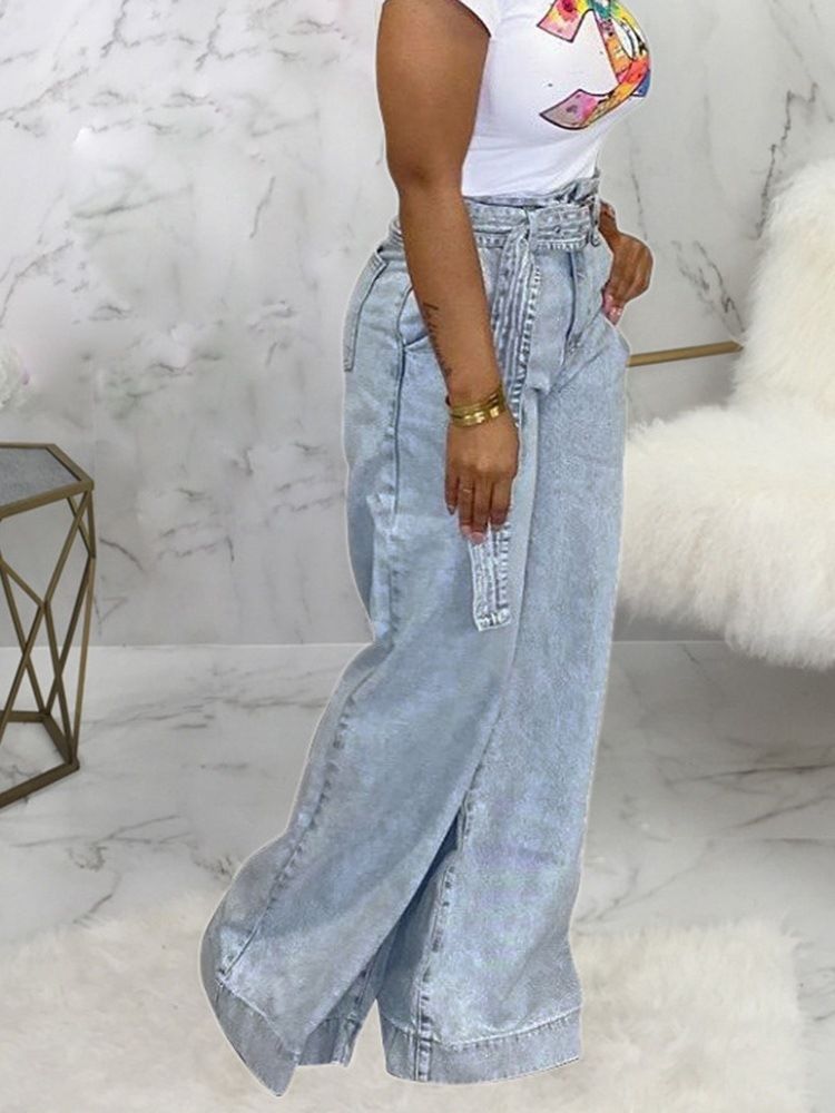 Calça Jeans Feminina Com Pernas Largas E Soltas Cintura Alta