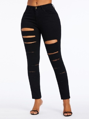 Calça Jeans Feminina Com Zíper De Cintura Alta E Buraco Rasgado
