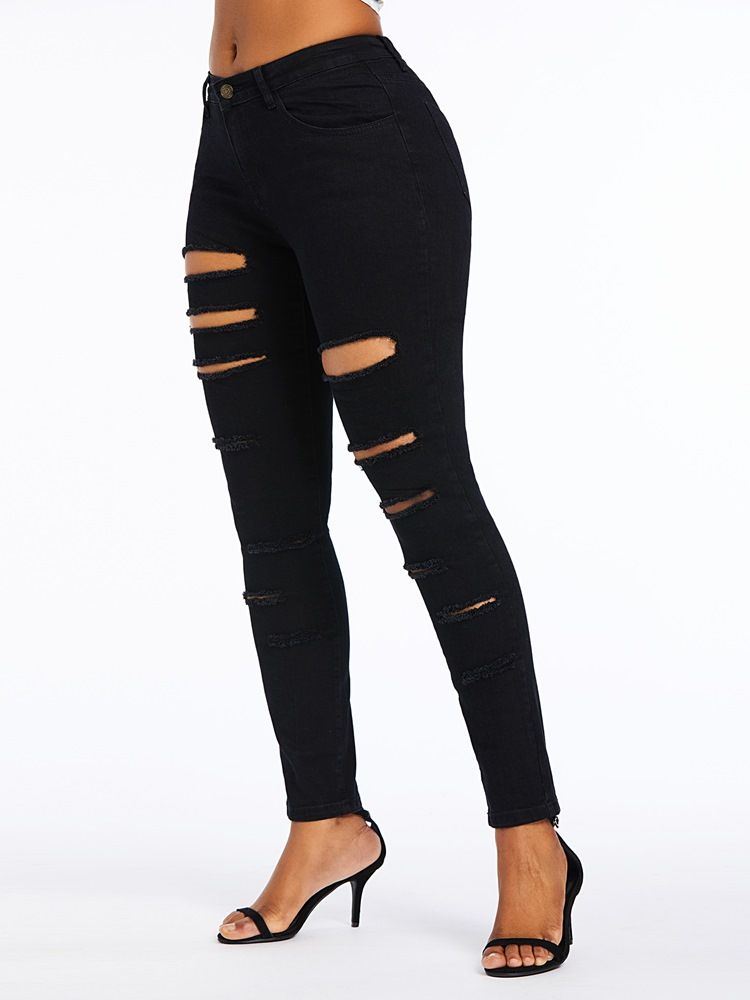 Calça Jeans Feminina Com Zíper De Cintura Alta E Buraco Rasgado