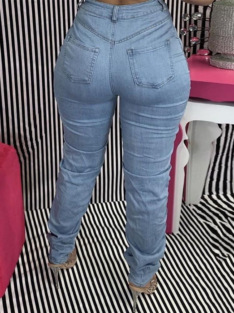Calça Jeans Feminina Com Zíper Liso E Cintura Média