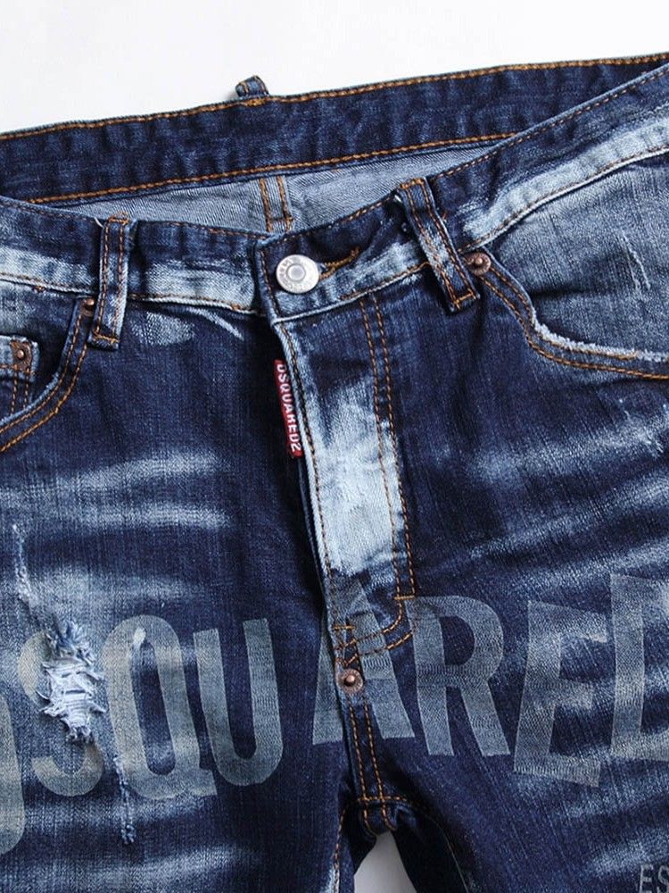 Calça Jeans Feminina Europeia De Botão Reto Masculino Com Letras Usadas