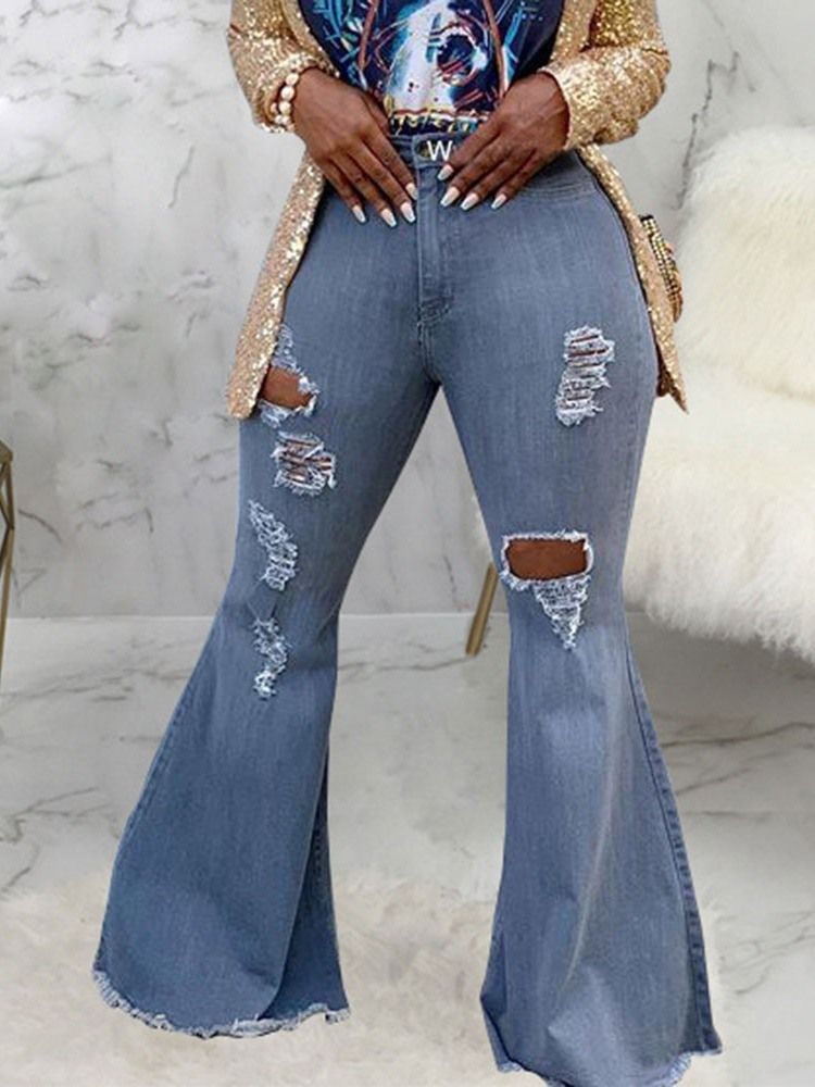 Calça Jeans Feminina Hole Plain Bellbottoms Cintura Alta Slim
