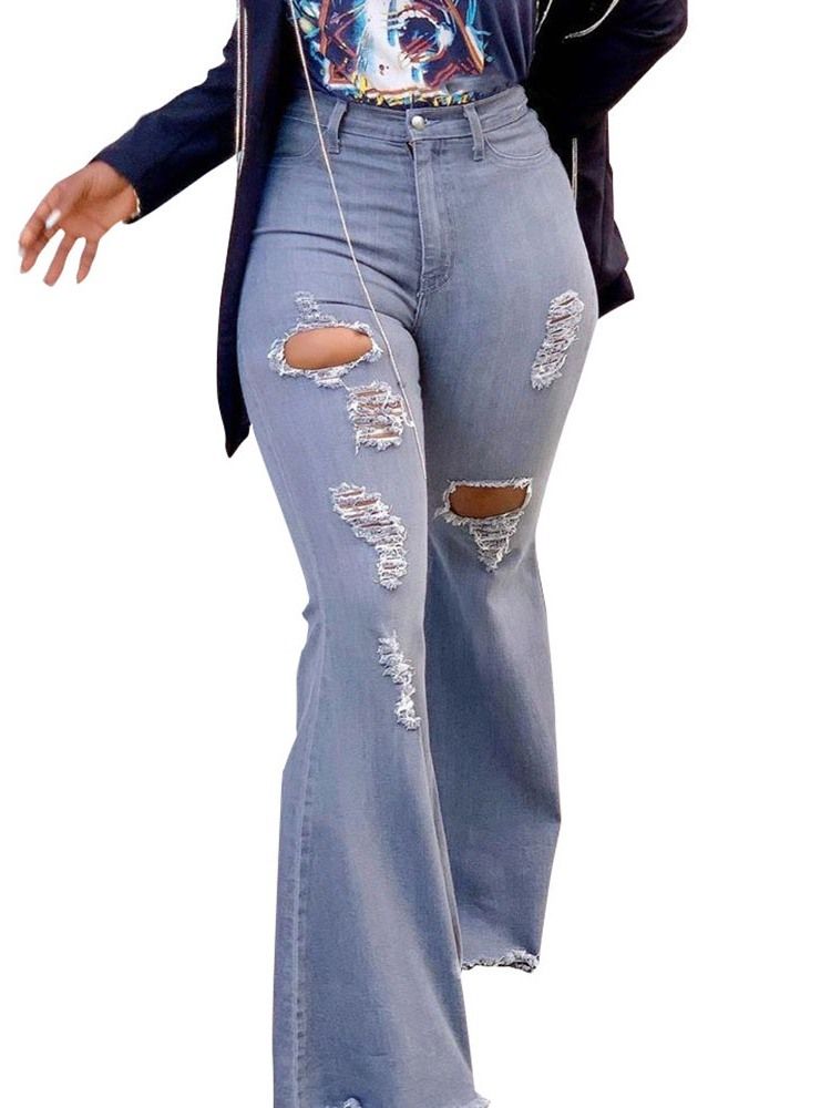Calça Jeans Feminina Hole Plain Bellbottoms Cintura Alta Slim