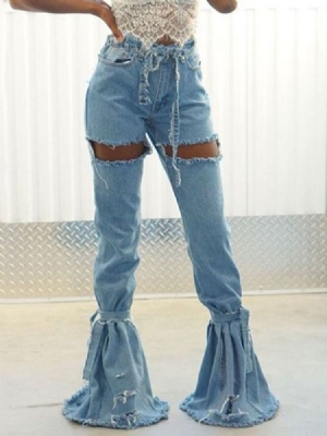 Calça Jeans Feminina Hole Plain Bellbottoms Slim De Cintura Alta