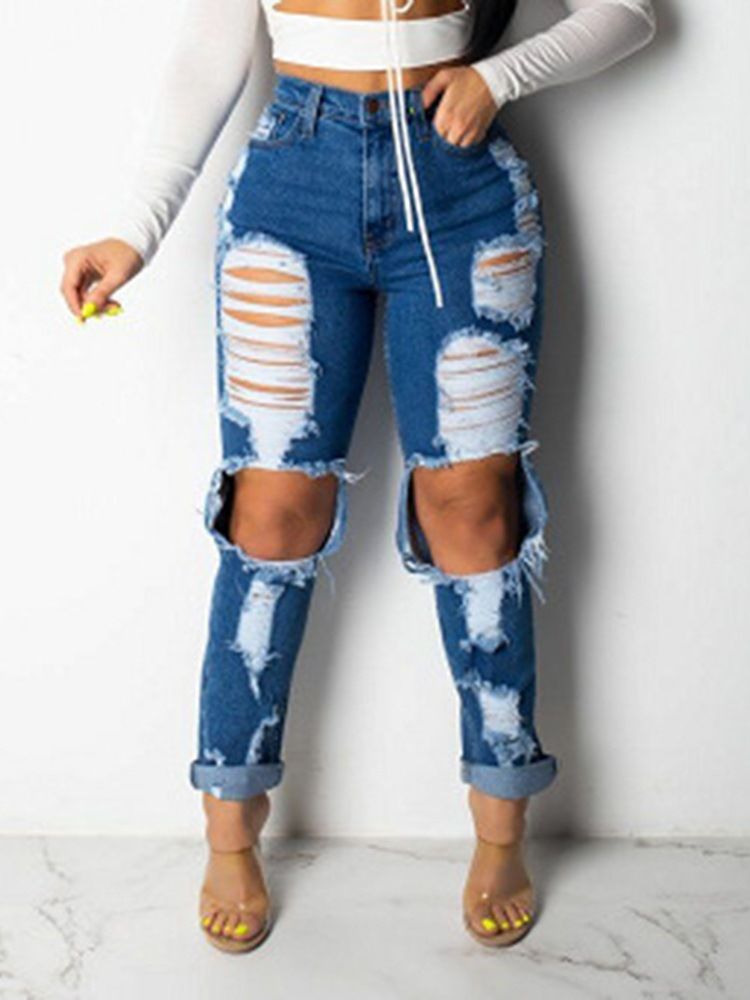 Calça Jeans Feminina Hole Slim Usada Com Cintura Alta
