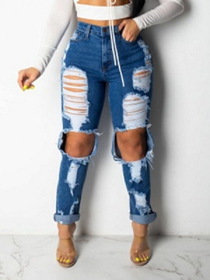 Calça Jeans Feminina Hole Slim Usada Com Cintura Alta
