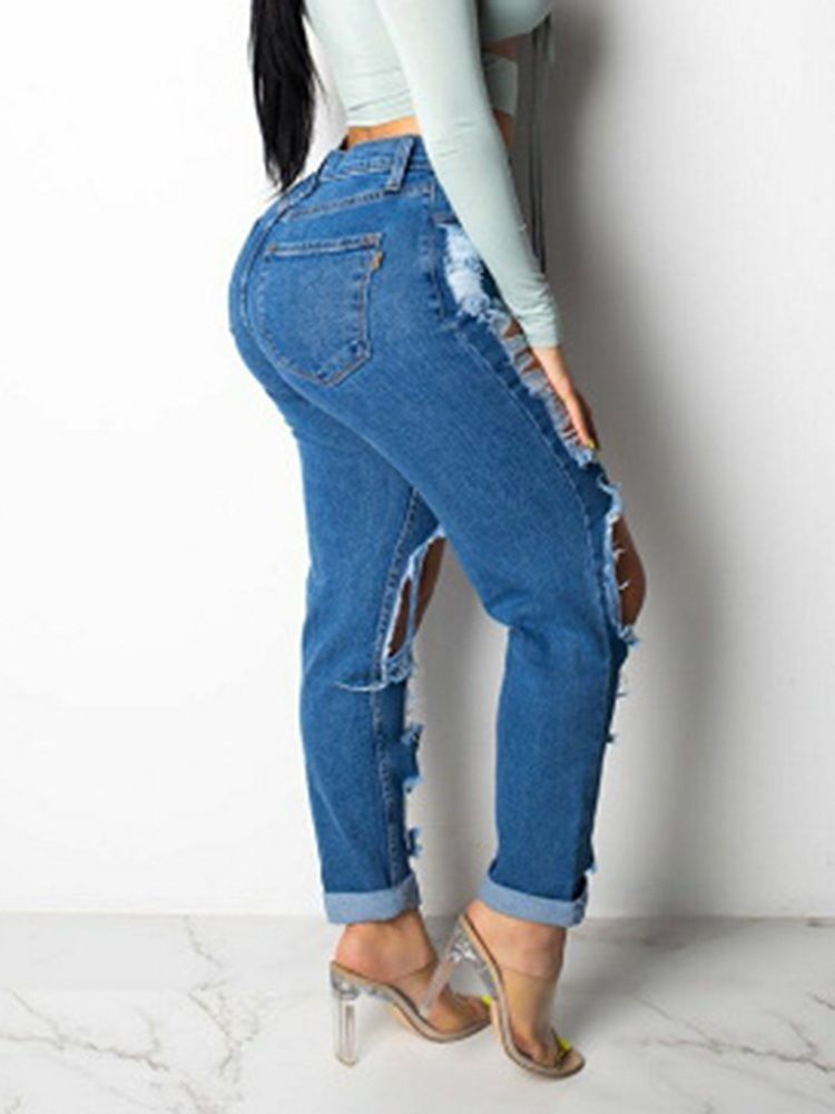 Calça Jeans Feminina Hole Slim Usada Com Cintura Alta