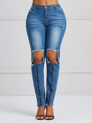 Calça Jeans Feminina Hole Zipper Skinny