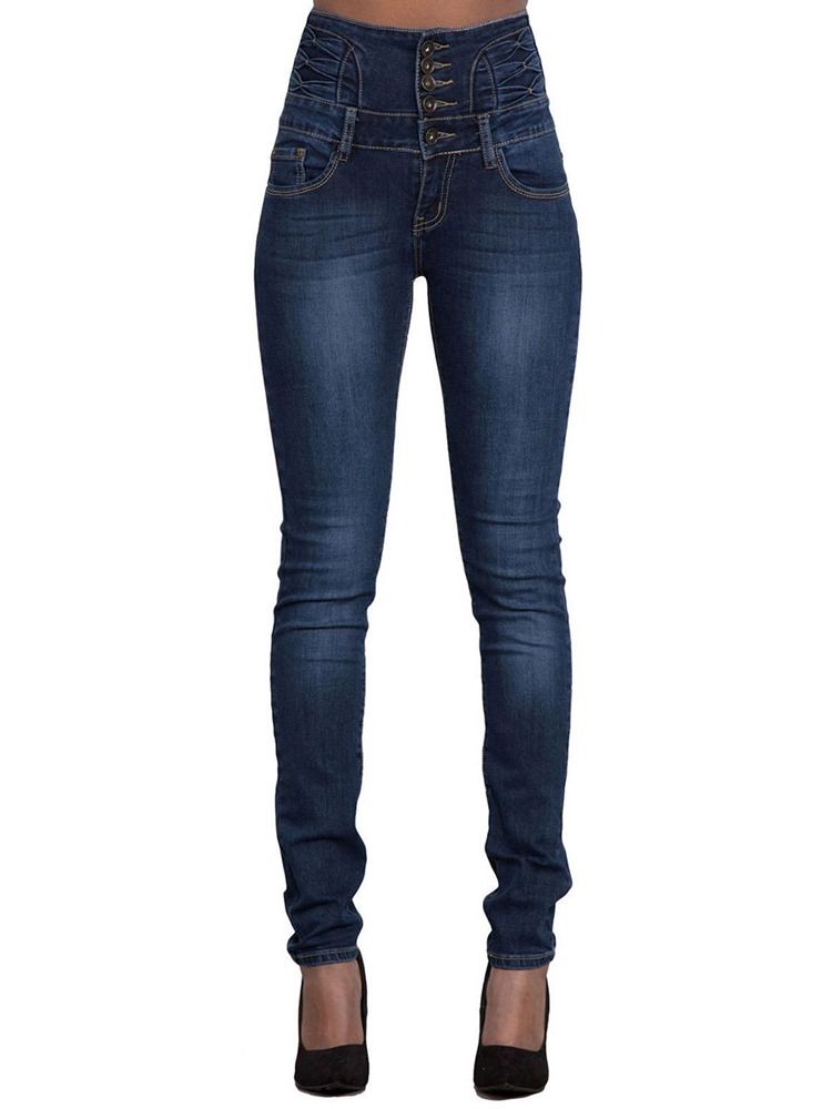 Calça Jeans Feminina Justa Com Botão De Cintura Alta E Bolso