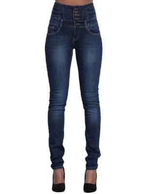 Calça Jeans Feminina Justa Com Botão De Cintura Alta E Bolso