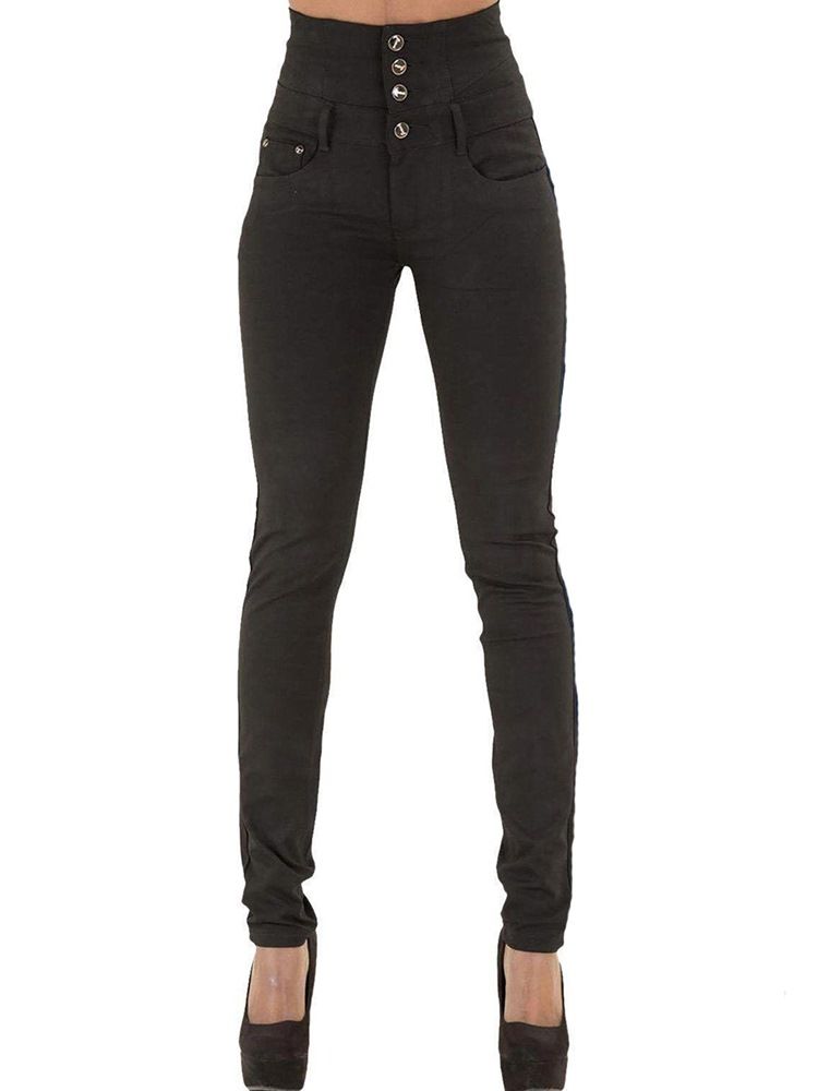 Calça Jeans Feminina Justa Com Botão De Cintura Alta E Bolso