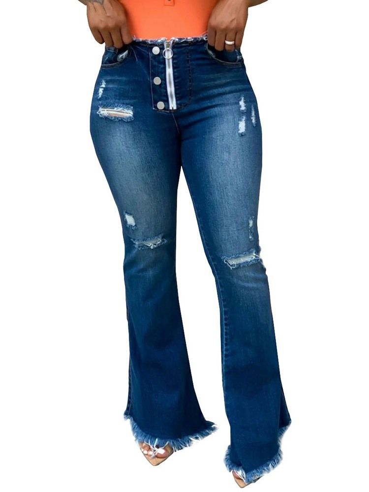Calça Jeans Feminina Lisa Bellbottoms Hole Slim Cintura Alta