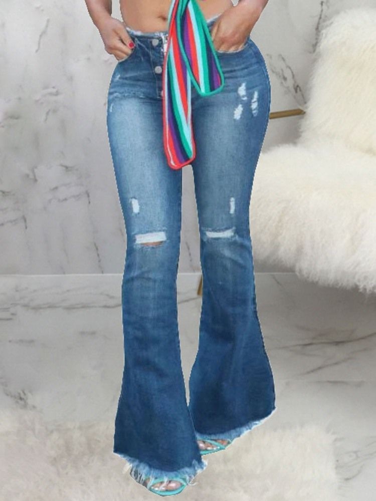 Calça Jeans Feminina Lisa Bellbottoms Hole Slim Cintura Alta
