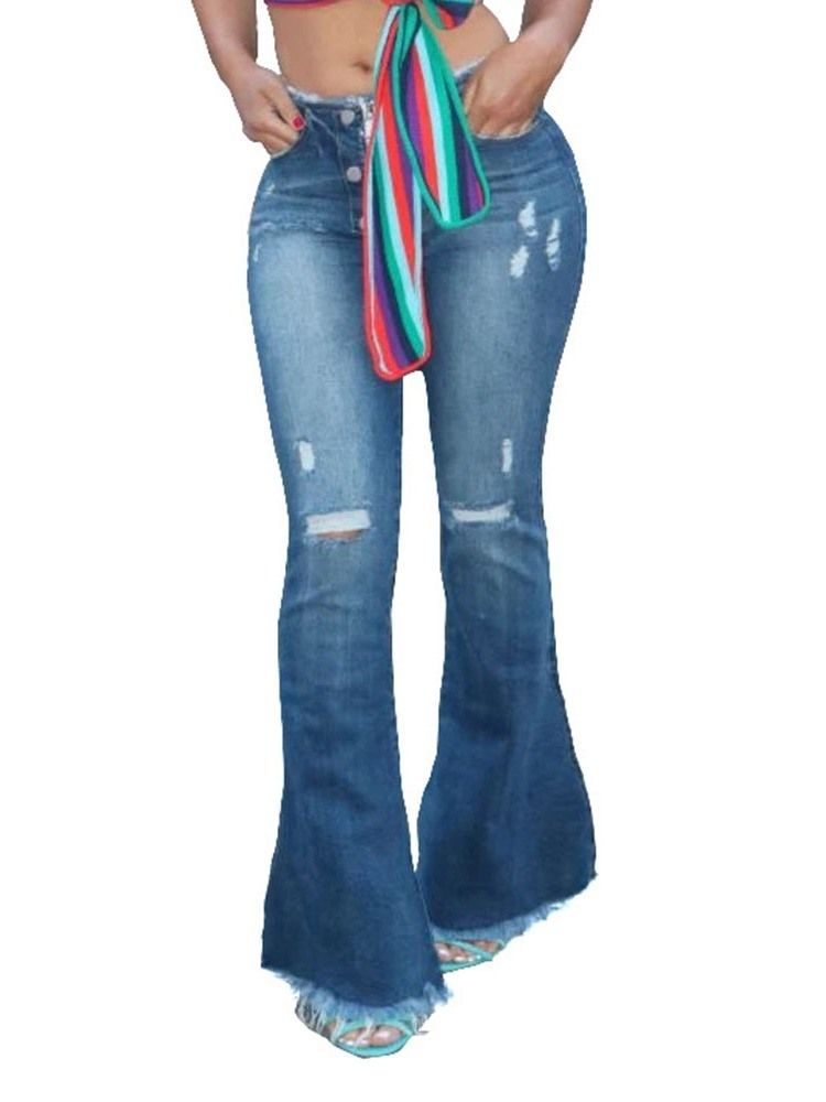 Calça Jeans Feminina Lisa Bellbottoms Hole Slim Cintura Alta