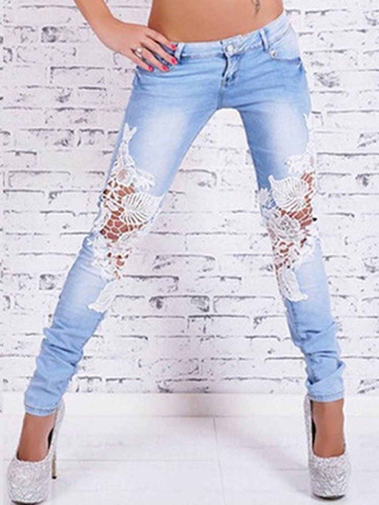 Calça Jeans Feminina De Retalhos De Cintura Baixa