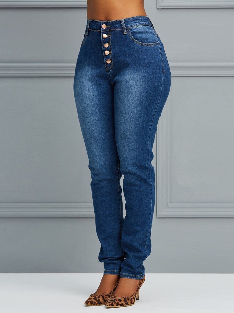 Calça Jeans Feminina Simples De Botão