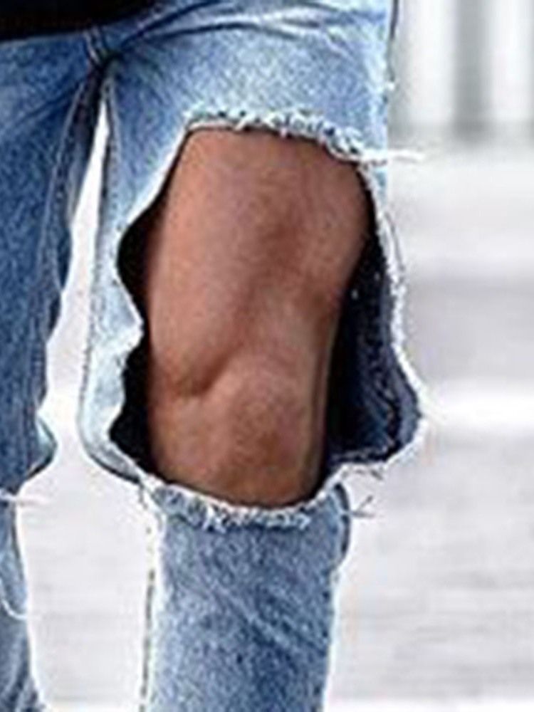 Calça Jeans Hole Plain Zipper Mens Loose