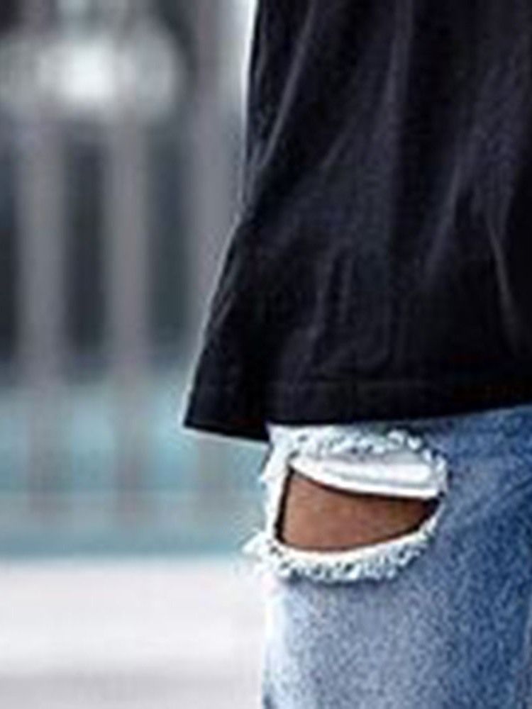 Calça Jeans Hole Plain Zipper Mens Loose
