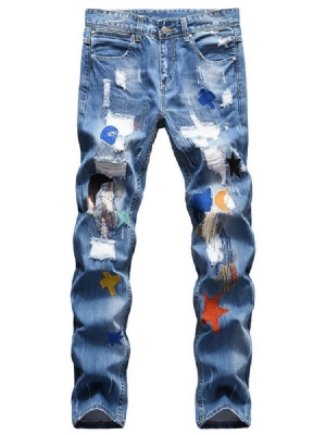 Calça Jeans Homem Com Zíper Reto De Hip-hop Furo Bloco