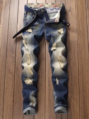 Calça Jeans Homem Rasgado Azul Escuro Color Block