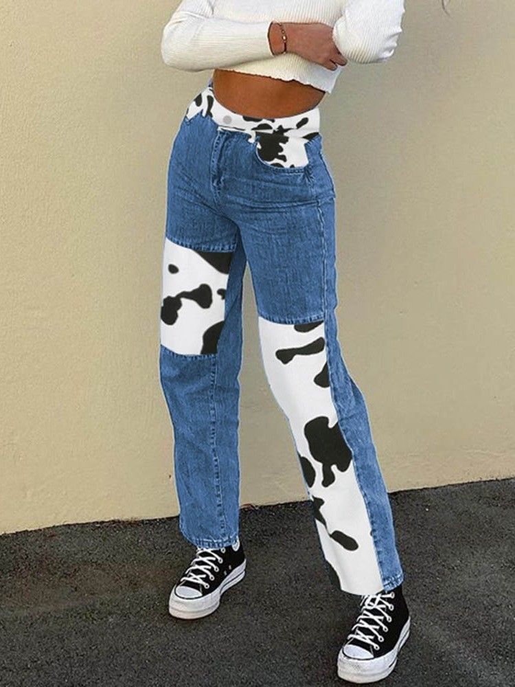 Calça Jeans Justa Feminina De Cintura Alta Estampada Em Bloco