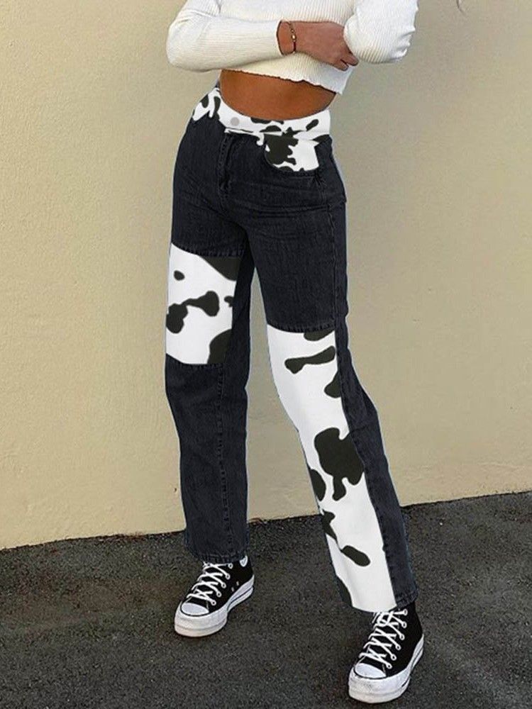 Calça Jeans Justa Feminina De Cintura Alta Estampada Em Bloco