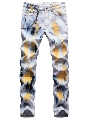 Calça Jeans Justa Masculina Com Estampa Reta E Zíper De Cintura Média