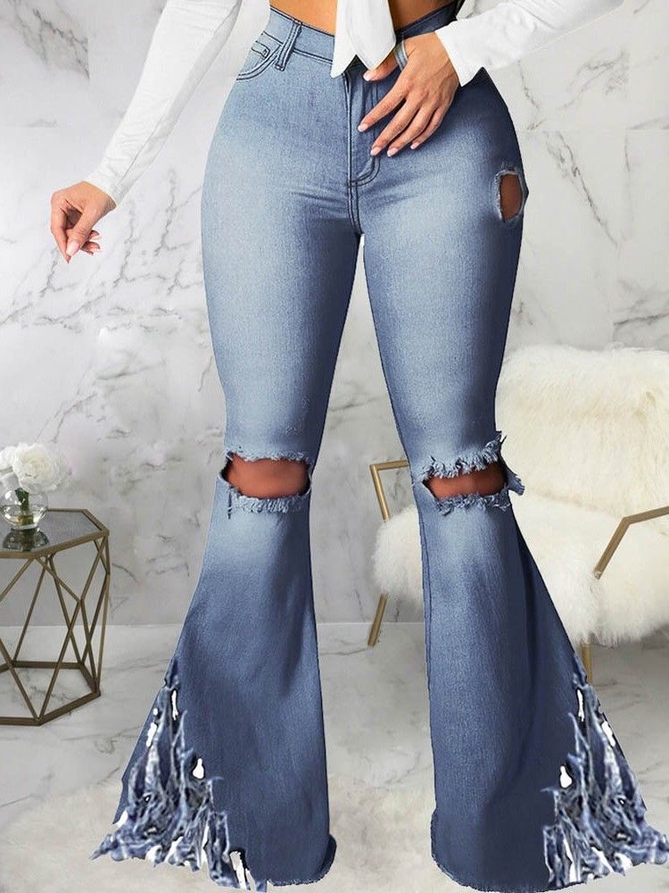 Calça Jeans Lisa Bellbottoms Hole Feminina Slim Mid Waist