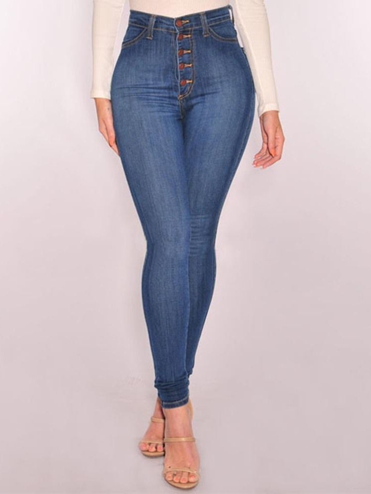 Calça Jeans Lisa Feminina Justa Cintura Alta Com Botão