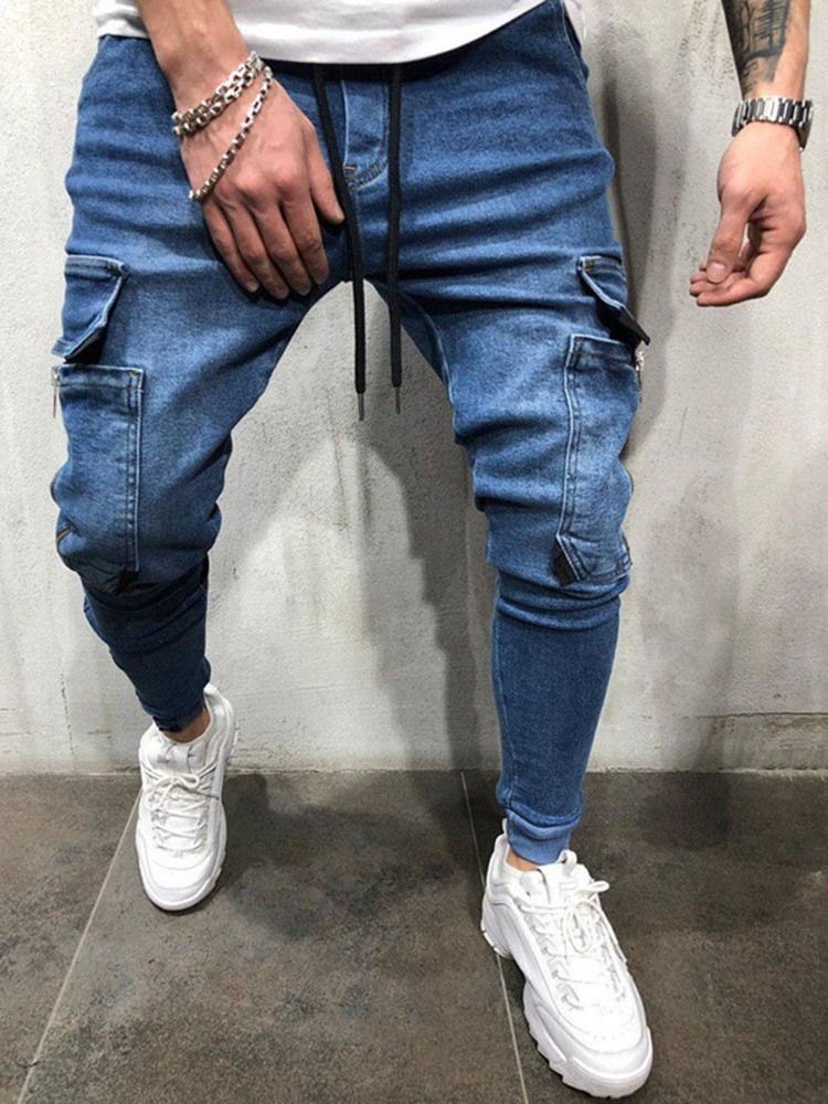 Calça Jeans Masculina Casual Com Cadarço No Bolso
