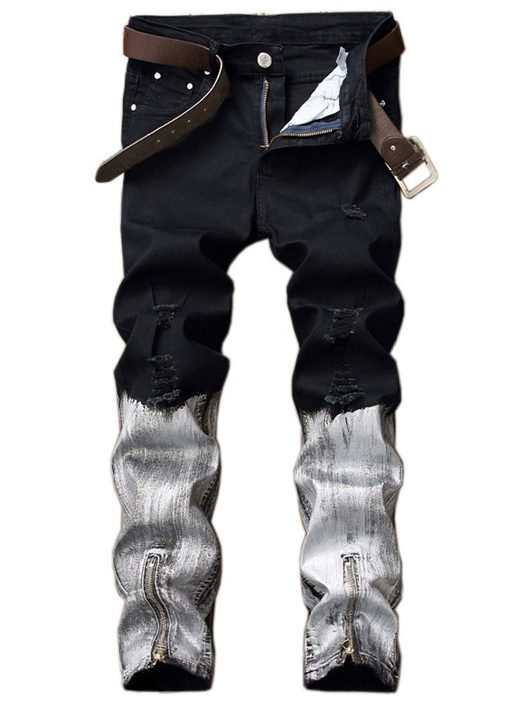 Calça Jeans Masculina Casual Zip Exclusivo Com Remendos