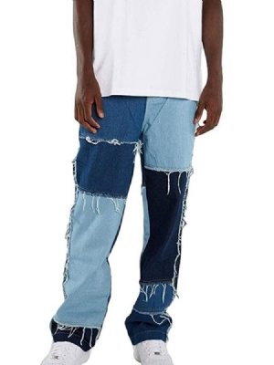Calça Jeans Masculina Colorida Patchwork Hip Hop Com Zíper